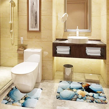 

2 Piece Flannel Blue Sea Shell Anti Skid Bathroom Mat Set (18" x 30" Bathroom Floor Carpet +16" x 18" U-shaped Toilet Rug)
