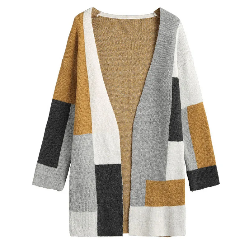 

2019 New Fashion Sweater Women's Stitching Contrast Color Loose Large Size Cardigan Female Sweater Casual Coats Autumn Winter
