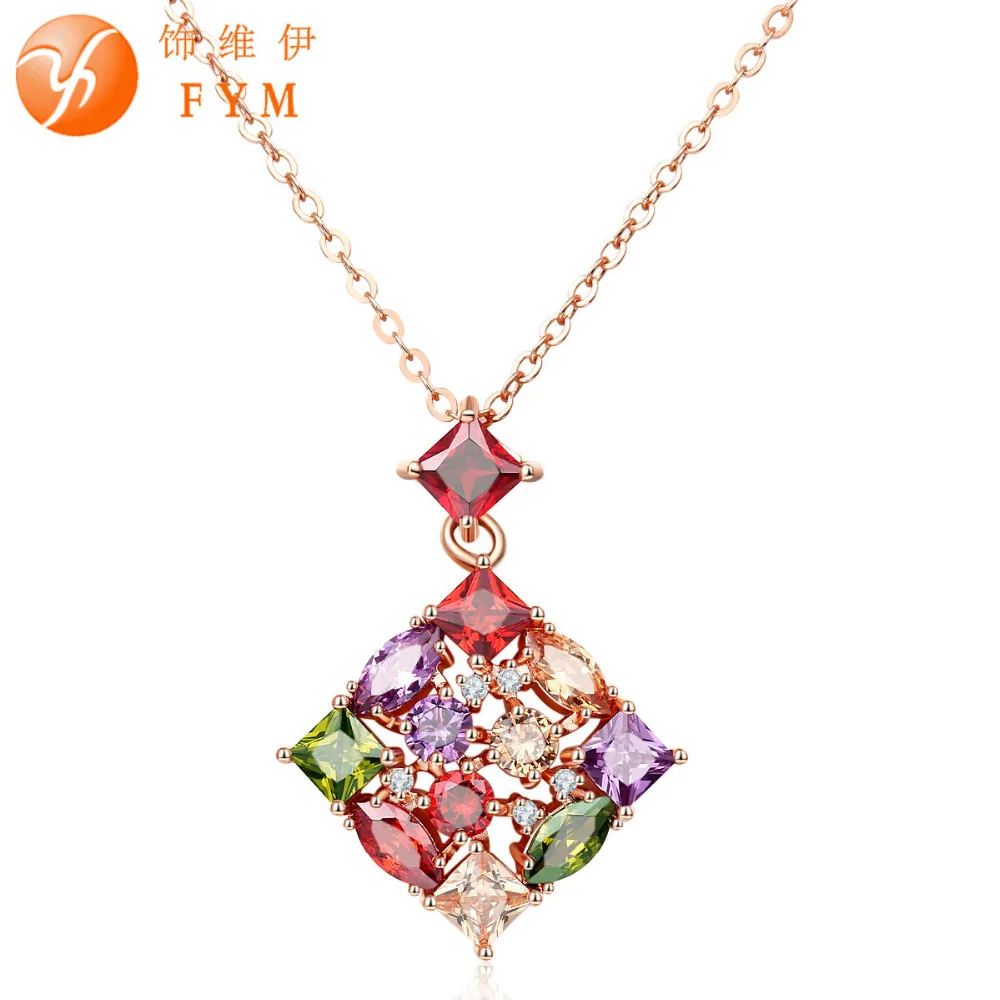 

FYM Fashion Square Luxury Colorful Genuine AAA Cubic Zirconia Stone Necklace Gold Plated Gifts Jewelry for Women Bride NE0104