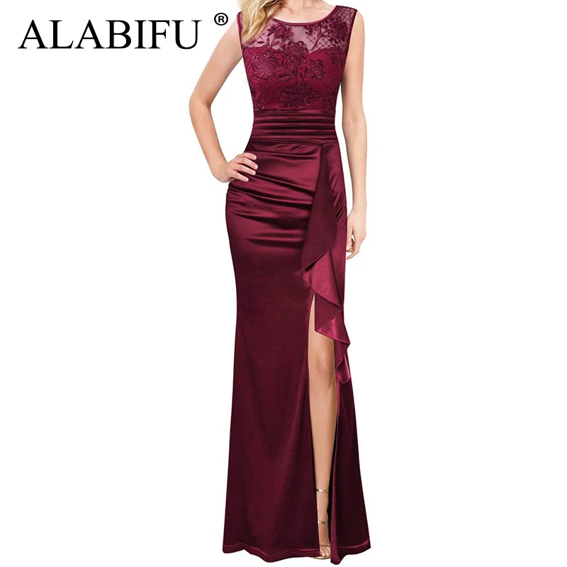 

ALABIFU Summer Dress Women 2019 Sexy Split Hollow Out Lace Dress Elegant Embroidery Long Party Dress Black Maxi vestidos 2XL
