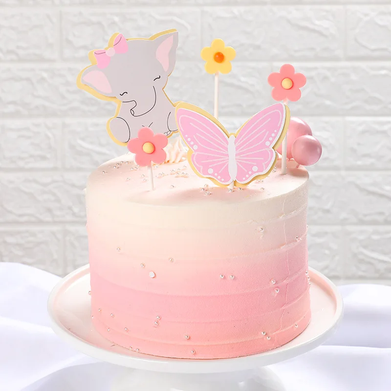 1 Set Lovely Elephant Charming Butterfly Flower Theme Cake Topper Child Boy Girl Happy Birthday Cartoon Animal Cake Decorations