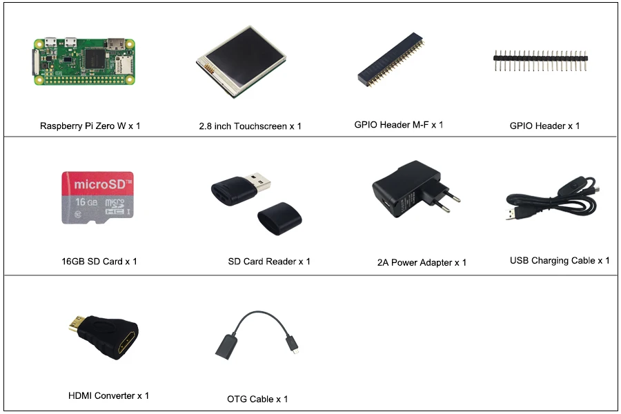 Комплект Raspberry Pi Zero W+ акриловый чехол+ сенсорный экран 2,8 дюйма+ камера 5 Мп+ сетевая карта RJ45+ sd-карта 32 ГБ+ теплоотвод+ HDMI