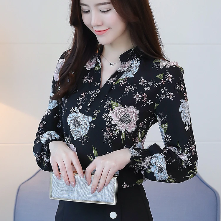 Koop Bloemen Tops Womens 2018 Nieuwkomers Lente Zomer Lange Mouwen Blouses Dames Bloemenprint Chiffon Streetwear Blouse Vrouwen
