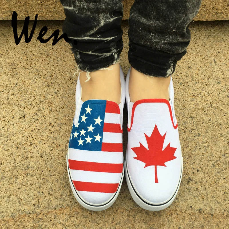 

Wen Hand Painted White Slip On Shoes Custom Design American Flag Canada Flag Maple Leaf Man Woman' Canvas Sneakers Plimsolls