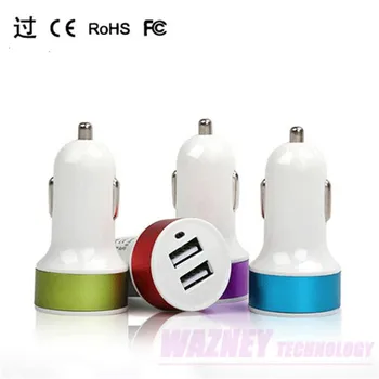 

2000pcs/lot*Micro Auto Universal Round Mini Portable 2 Double Dual USB Car Charger Power Adapter With Colorful Aluminum Ring