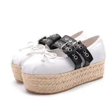 Carpaton/Модная женская обувь на плоской платформе; балетки на плоской подошве с круглым носком и плетеной шнуровкой; повседневная обувь с пряжкой и ремешком для девочек; Цвет Черный - Цвет: white silk