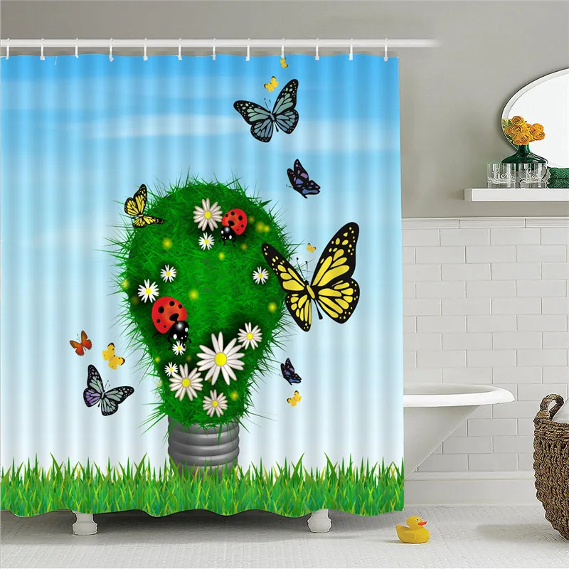 Butterfly Plants Pattern Shower Curtains Waterproof Bathroom Curtain Polyester Eco-Friendly Bath Curtain 12 Hooks AP10G