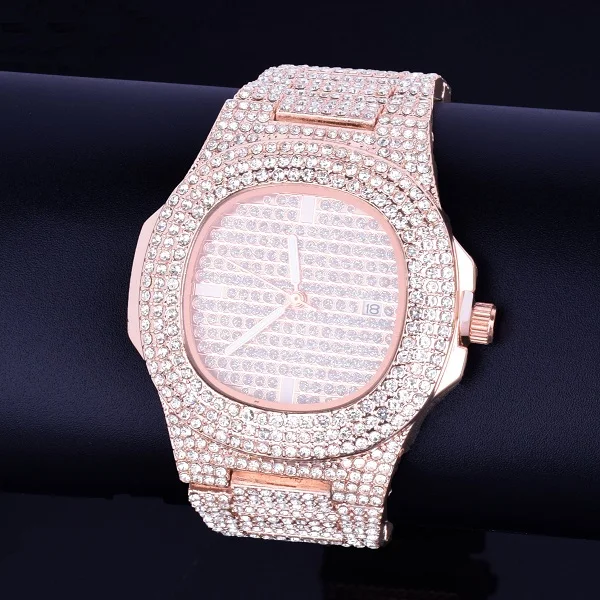 Hip hop Men's watch Big Dial Military Quartz Clock Luxury Rhinestone Business Waterproof wrist watches Relogio Masculino 24cm - Цвет: Rose gold