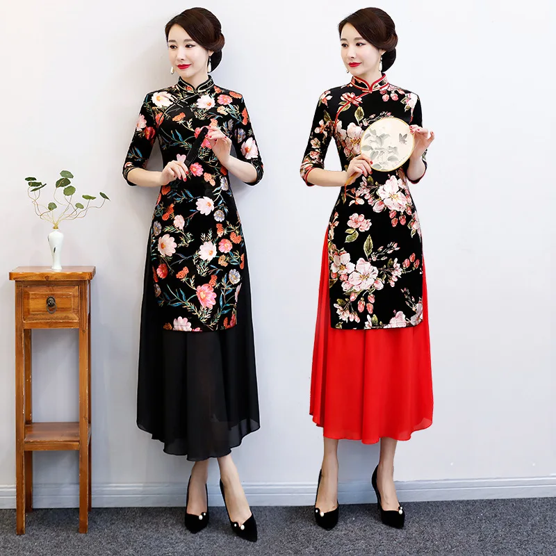 Женское длинное велюровое платье Qipao Dai облегающее на пуговицах в китайском стиле