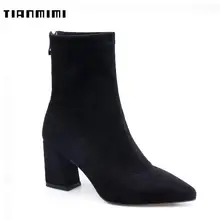 

TIANMIMI Winter Flock 7.5CM Block High Heels Black Brown Ankle Boots For Women Booties Femme