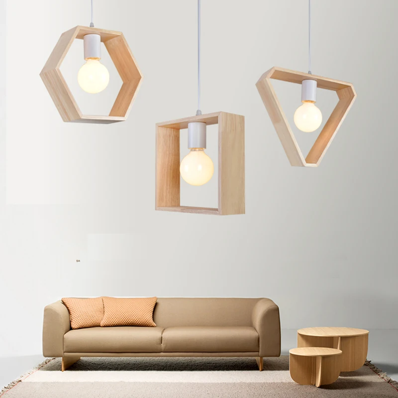 Nordic Wooden Pendant Lights Triangle Square Hexagon Geometry Drop Lighting Oak Wood Pendant Lamp Interior Design Home Lights (11)