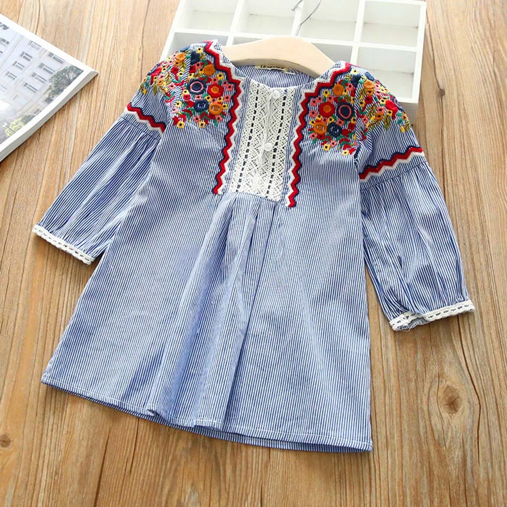 Toddler Kids Baby Girls Clothes Embroidery Stripe Party kids clothes