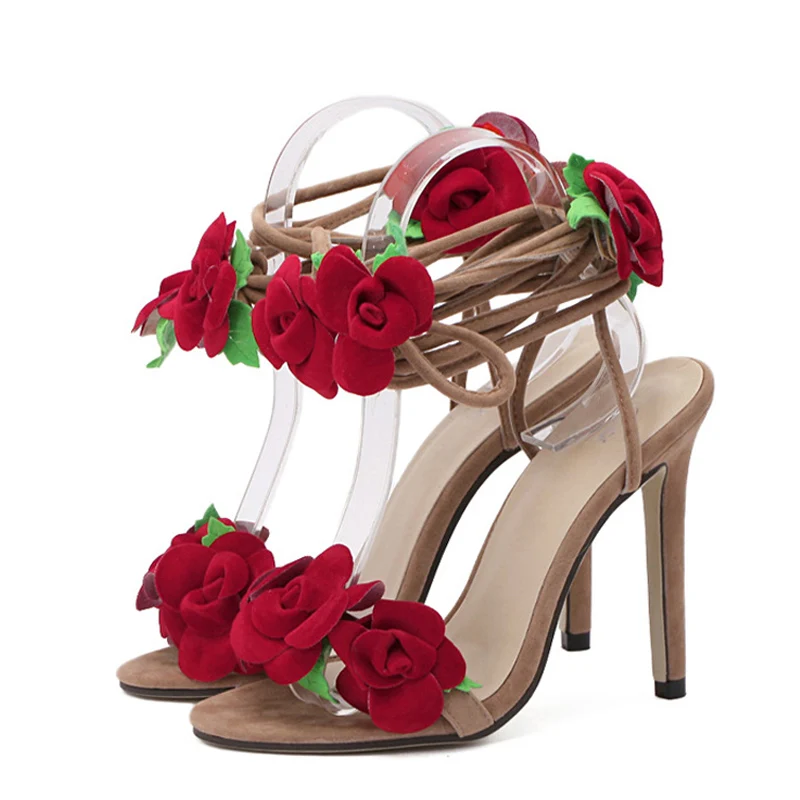 E TOY WORD high heel Sandals red rose flower Cross Bandage  Sandals large size womens shoes 42 yards women Sandals