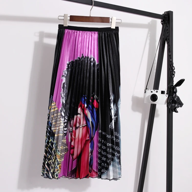 Женские плиссированные юбки Роскошные с буквенным принтом с эластичной резинкой на талии женские юбки синие фиолетовые с высокой талией европейские Длинные юбки для женщин