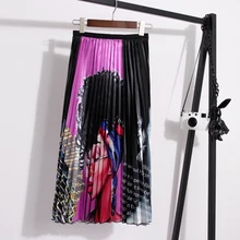 Женские плиссированные юбки Роскошные с буквенным принтом с эластичной резинкой на талии женские юбки синие фиолетовые с высокой талией европейские Длинные юбки для женщин