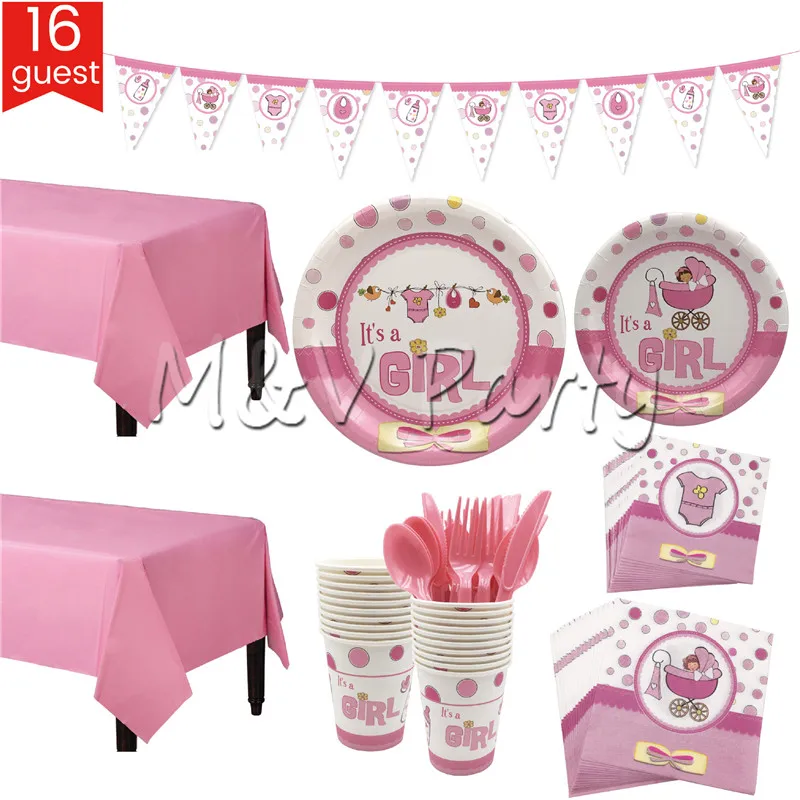 

124pcs/lot Pink Baby Girl Birthday Party Disposable Tableware Set Paper Plates Cup Flag Set Baby Born Party Decoration Supplies