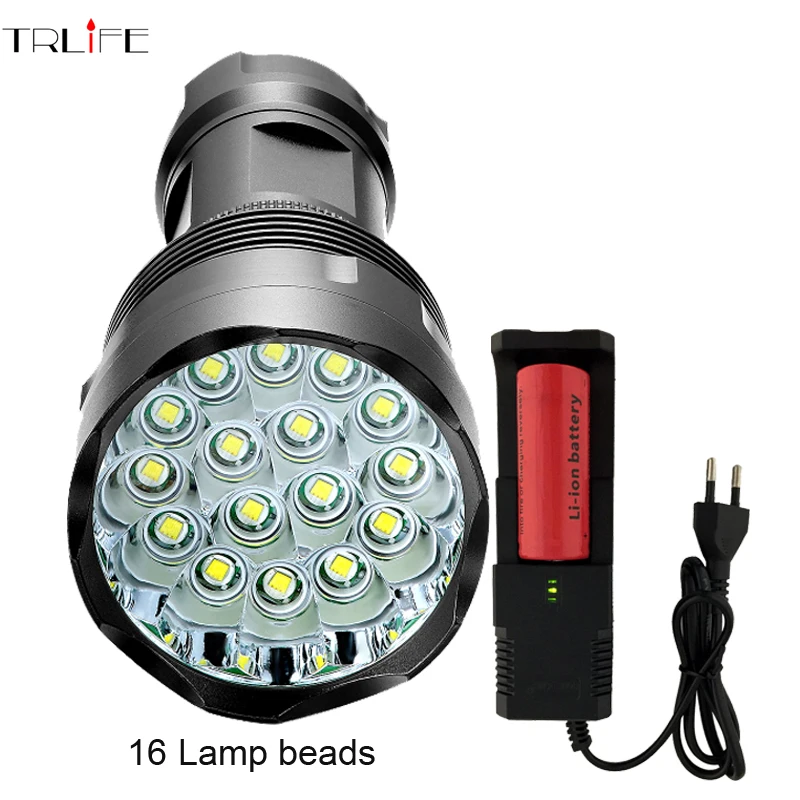 Baratos Linterna de alta potencia 16 * T6 más potente luz de Flash LED con batería 26650 impermeable linterna camping