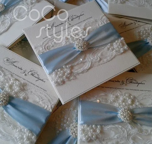  Cocostyles personalized royal lace fabric design invitation card with pearl brooch and ribbon for c - 32893863044
