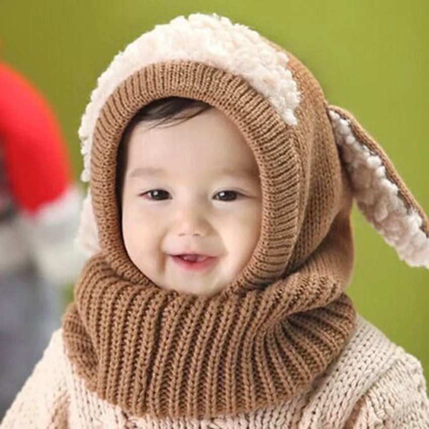 Очаровательная теплая бархатная шапочка для малышей; зимняя шапка для маленьких девочек и мальчиков; Детский шарф с капюшоном; вязаная шапка с ушками; милый костюм с ушками - Цвет: Хаки