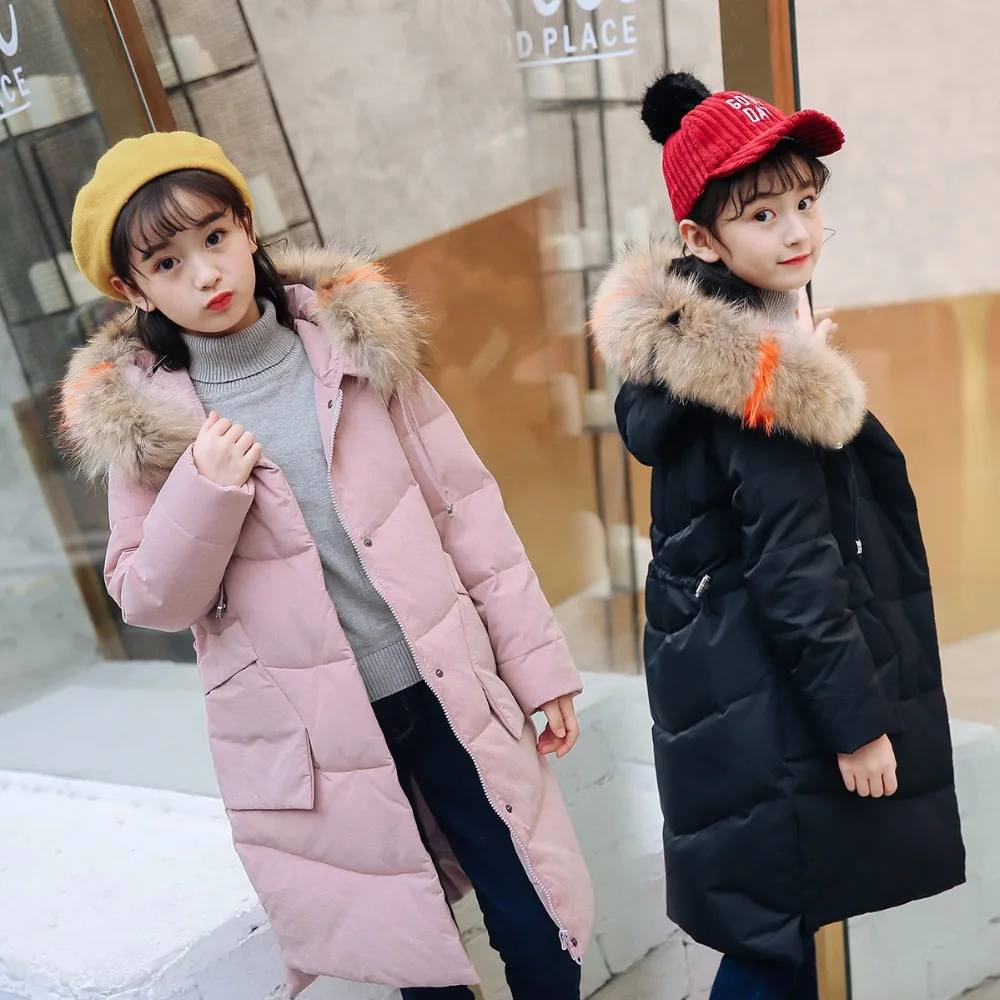 

HSSCZL Girls Duck Down Jackets Winter 2018 New Brand Long Thicken Hooded Natural Fur Collar Overcoat Girl coat outerwear parkas
