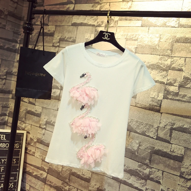 

2018 New Fashion Spring Summer Women's Powder Swan Embroidery Feathers Short Sleeved T-shirt Casual Tees Students Tops