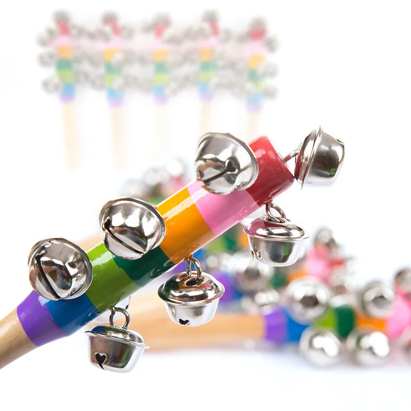 Wooden Hand Shake Bell Rattles Stick Rainbow Baby Jingle Bells Infant Shaker Rattle Ring Newborn