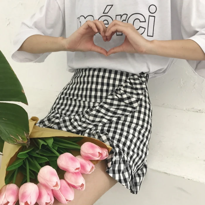 

Spring ladies high waisted skirt Korean temperament Plaid irregular flounce culottes thin A-line skirt