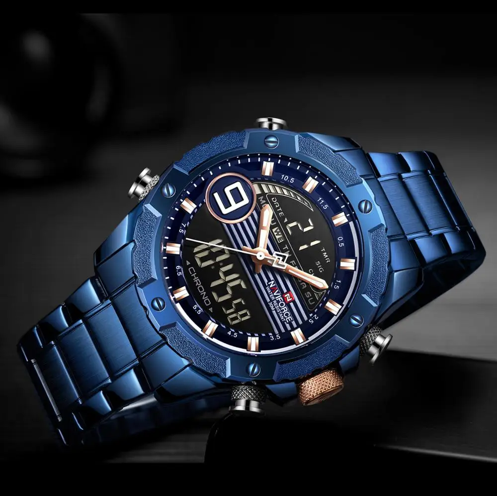 

NAVIFORCE Men Sports Blue Watches Dual Time Quartz Digital Clock Stainless Steel Strap Waterproof Luxury Brand Men Wrist Watch
