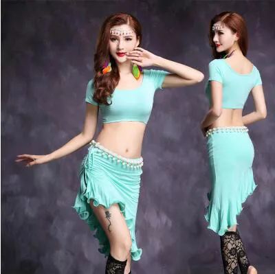 Koop Goede Kwaliteit buikdans kostuum set bellydance pratice kleding 7 kleuren Top rok M, L, XL