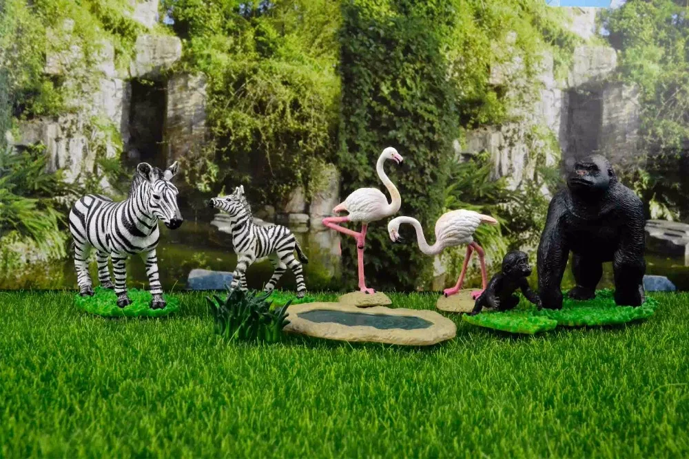 

Japanese genuine wild African Savanna animals silverback Gorilla zebra Flamingo family cubs lake miniature scenario Figure toys