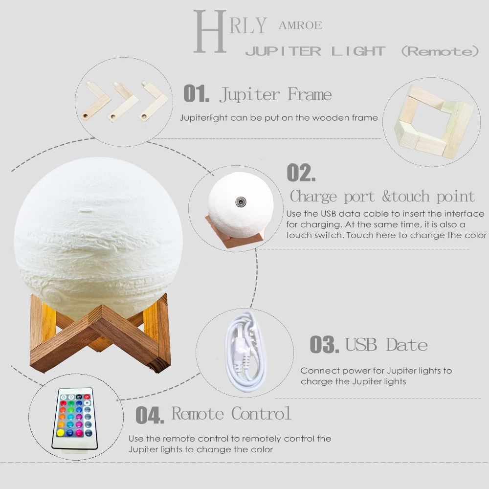 Ночной светильник Jupiter с 3D принтом USB светодиодный креативный светильник перезаряжаемый Сенсорный пульт Многоцветный Рождественский подарок теплый домашний декор