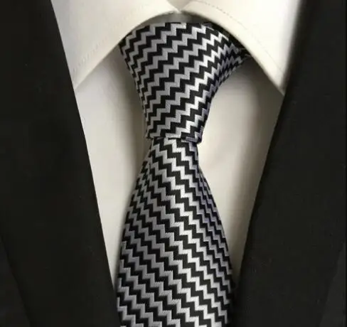 Мода 2017 г. Дизайн галстук 8 см Стильный геометрический широкие галстуки Господа тканые Gravata черный с белым геометрическим в полоску Corbatas
