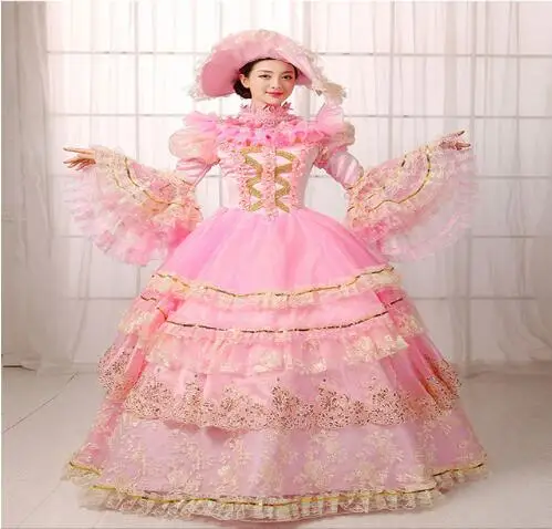 Can be Custom 2016 Elegant Pink Long Sleeve Lace Victorian Lolita Ball Gown Medieval Renassiance Marie Antoinette Party Dresses |