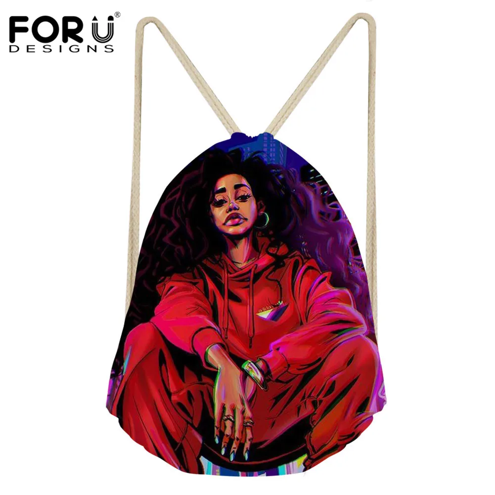 FORUDESIGNS Drawstring Bag Black Art African Printing Backpack Teenagers Fashion Bundle Pocket Girls Kids String Pouch Mochilas