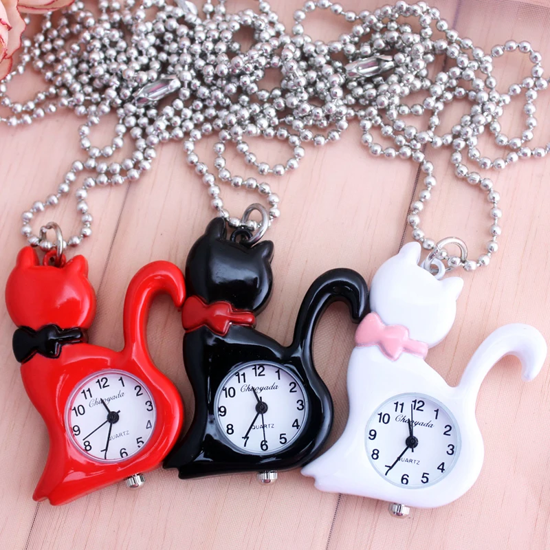 

2018 CYD kids ladies women lovely cat pocket watches children necklace jewelry key chains luxury quartz fob watches reloj mujer