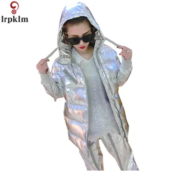 

Women Winter Coat Silver Bright Loose Jackets Zipper Sleeve Korean Fashion Coats Hip-hop Cotton Hooded Winter Jacket 2018 JC621