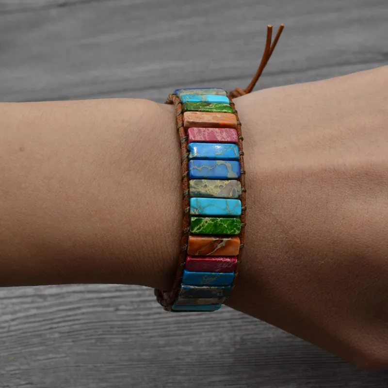 Chakra Bracelet Jewelry Handmade Multi Color Natural Stone Tube Beads Leather Wrap Bracelet Couples Bracelets Creative Gifts