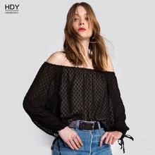 Haoduoyi 2017 New Black Sexy Sheer Shirt Women Blouses Slash Neck Club Wear Lace up Long Sleeve High Street Casual Blusas Tops