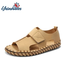 YEINSHAARS/летние уличные повседневные мужские сандалии, мужская кожаная обувь, Пляжная мужская обувь, ручная строчка, сандалии с закрытым носком, мужская пляжная обувь