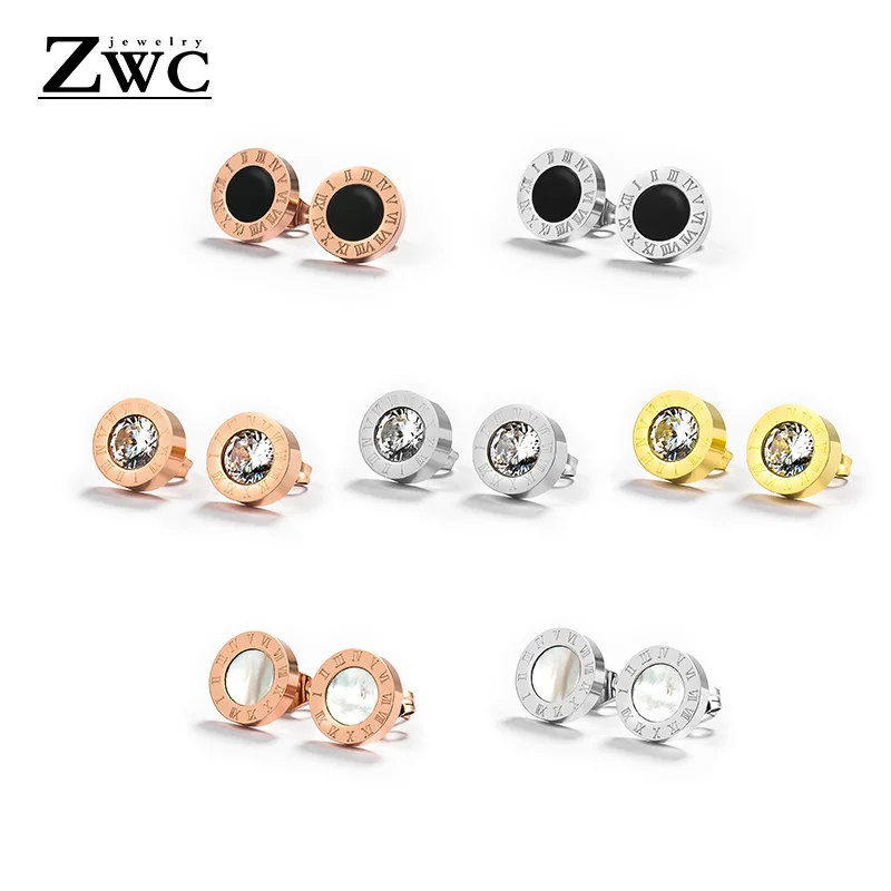 

ZWC High Quality Stainless Steel Crystal Stud Earrings for Women Men Party Rose Gold Fashion Roman Number Round Earring Jewelry