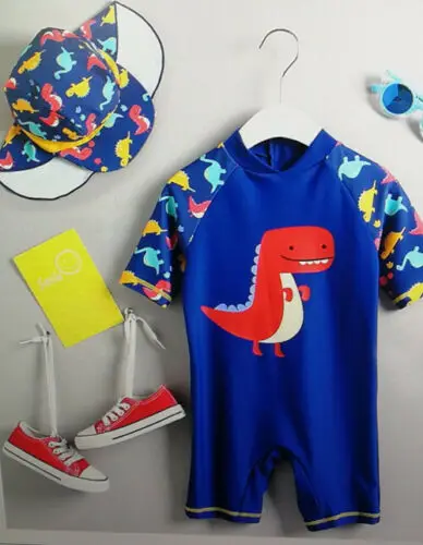 

Summer Baby Kid Boy Sun Protective Swimwear Dinosaur Costume Bathing Suit Hat