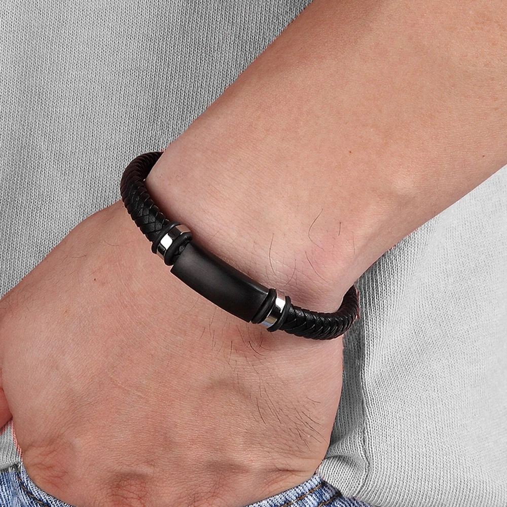 XQNI Stainless Steel Genuine Leather Men Bracelets 3 Colors For Men Birthday bracelet jewelry