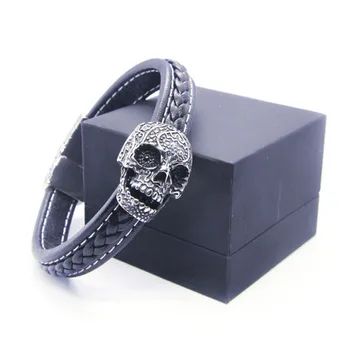 

Hot Selling!! Newest Skull Leather Bracelet 316L Stainless Steel Cool Punk Genuine Leather Ghost Skull Bracelet