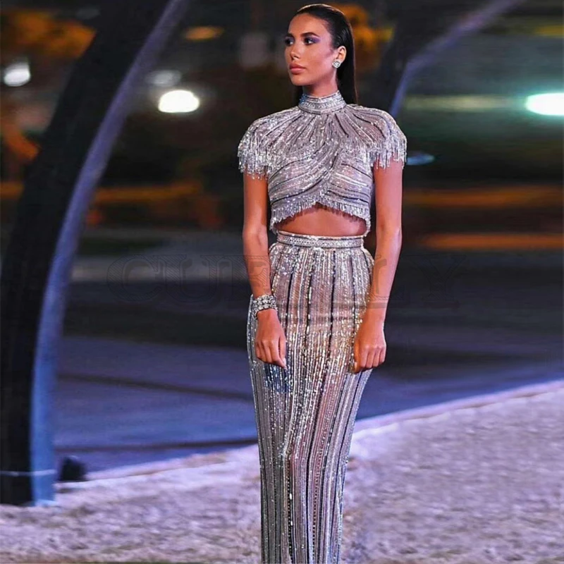 

Cuerly Fashion Silver Sequin Shining Celebrity Evening Party Dress Women Vestidos Good Quality Two Pieces Set Bodycon Suit