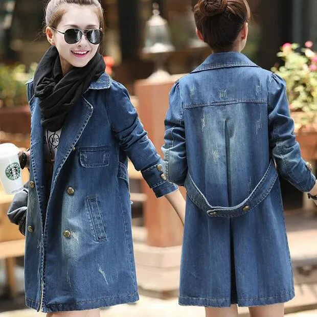 Винтажное женское весеннее и осеннее корейское одноцветное свободное тонкое двубортное пальто в длинном абзаце джинсовая куртка LD026