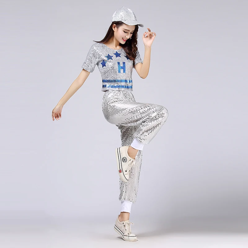 Jazz Costume Short Sleeve Shirt Top Dance Long Pant Costume Hip Hop Sequins Dress