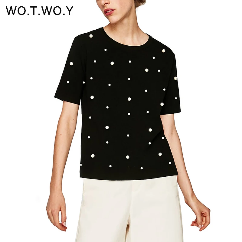WOTWOY Летняя женская футболка с жемчугом и бисером, хлопковые Свободные повседневные черные топы, женские футболки с коротким рукавом и круглым вырезом, высокое качество