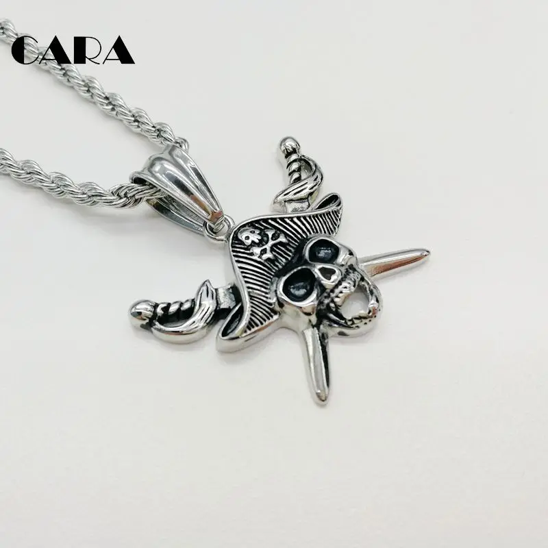 

2019 new cool double cross sword pirate skull pendant necklace Gold color Stainless steel hip hop pirate necklace CARA0504