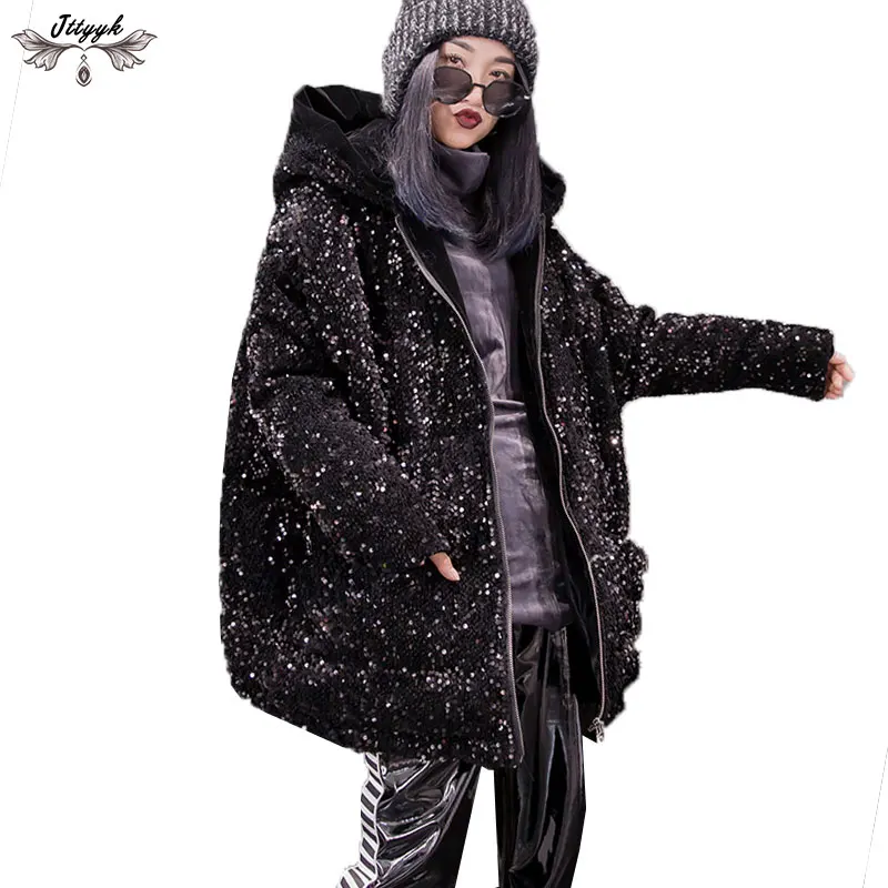 Винтажная зимняя куртка, женская утепленная парка с капюшоном и блестками, теплые пальто, пуховое хлопковое пальто, мотоциклетная куртка, Chaqueta mujer 704