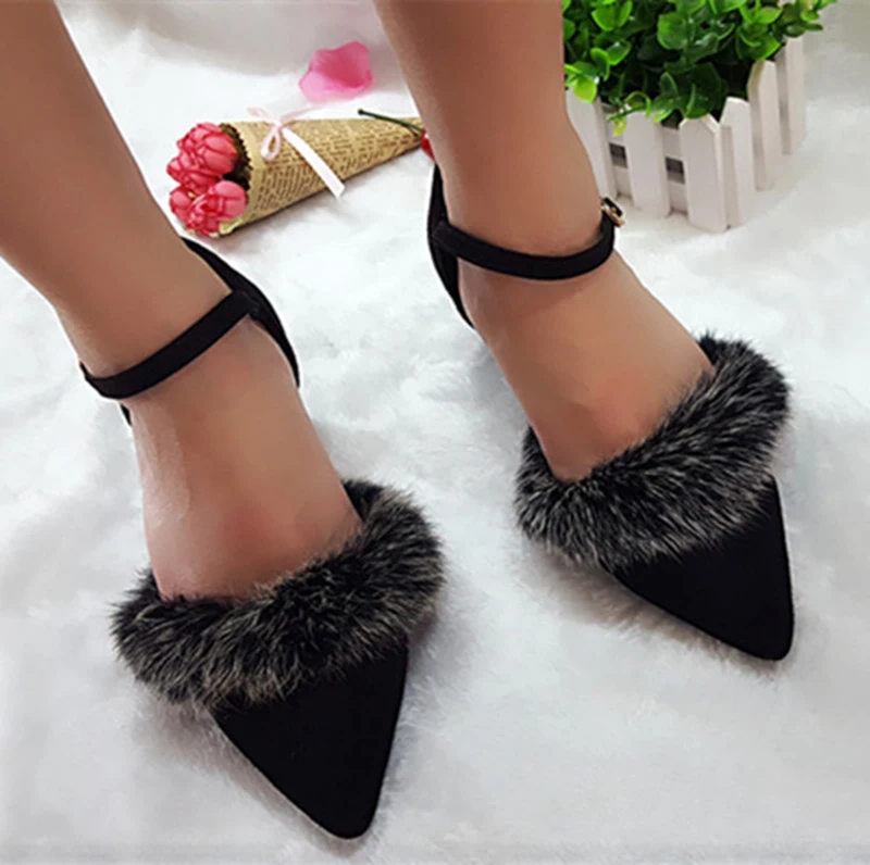 Mary Jane Pointed Toe High Heels Women Dress Wedding font b Shoes b font Pumps Fur
